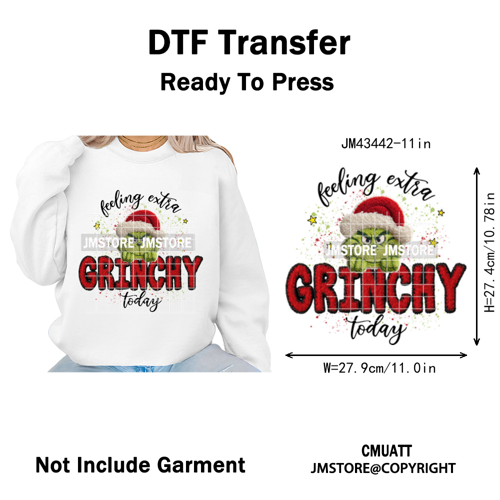 Cute Faux Yarn Merry Christmas Cartoon Green Guy Santa Xmas Iron on Washable DTF Transfers Stickers Ready to Press for Hoodies