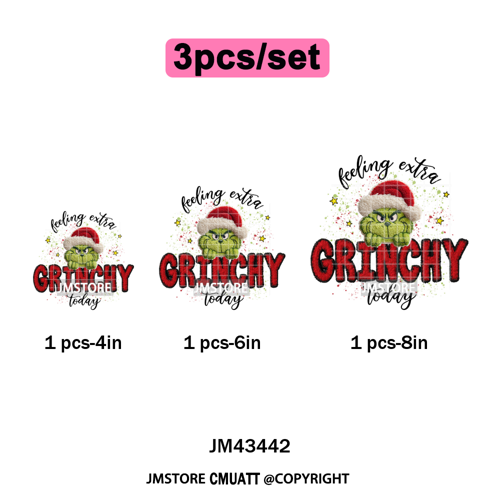 Cute Faux Yarn Merry Christmas Cartoon Green Guy Santa Xmas Iron on Washable DTF Transfers Stickers Ready to Press for Hoodies