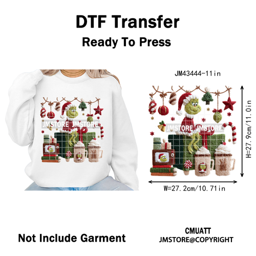 Cute Faux Yarn Merry Christmas Cartoon Green Guy Santa Xmas Iron on Washable DTF Transfers Stickers Ready to Press for Hoodies