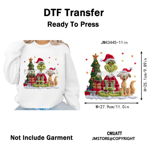 Cute Faux Yarn Merry Christmas Cartoon Green Guy Santa Xmas Iron on Washable DTF Transfers Stickers Ready to Press for Hoodies