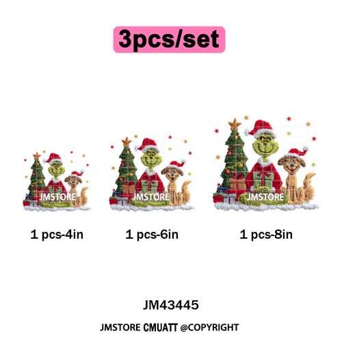 Cute Faux Yarn Merry Christmas Cartoon Green Guy Santa Xmas Iron on Washable DTF Transfers Stickers Ready to Press for Hoodies