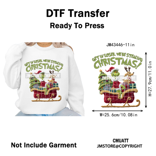 Cute Faux Yarn Merry Christmas Cartoon Green Guy Santa Xmas Iron on Washable DTF Transfers Stickers Ready to Press for Hoodies