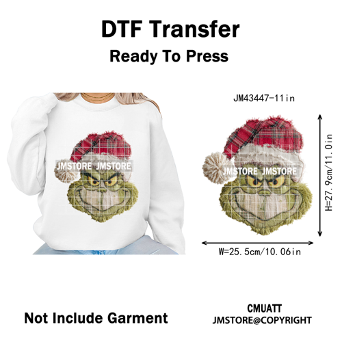 Cute Faux Yarn Merry Christmas Cartoon Green Guy Santa Xmas Iron on Washable DTF Transfers Stickers Ready to Press for Hoodies