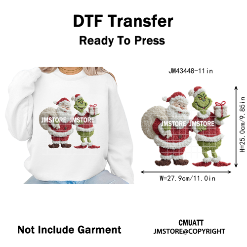 Cute Faux Yarn Merry Christmas Cartoon Green Guy Santa Xmas Iron on Washable DTF Transfers Stickers Ready to Press for Hoodies