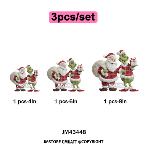 Cute Faux Yarn Merry Christmas Cartoon Green Guy Santa Xmas Iron on Washable DTF Transfers Stickers Ready to Press for Hoodies