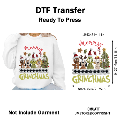 Cute Faux Yarn Merry Christmas Cartoon Green Guy Santa Xmas Iron on Washable DTF Transfers Stickers Ready to Press for Hoodies