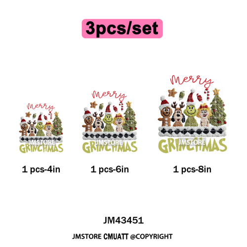 Cute Faux Yarn Merry Christmas Cartoon Green Guy Santa Xmas Iron on Washable DTF Transfers Stickers Ready to Press for Hoodies