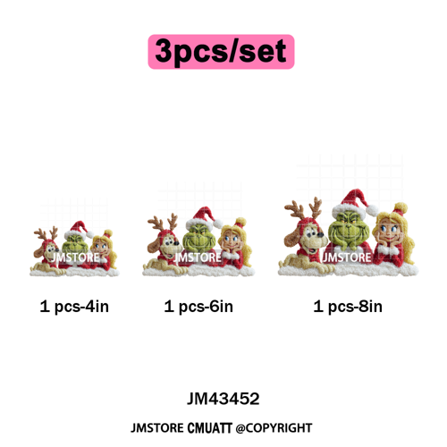 Cute Faux Yarn Merry Christmas Cartoon Green Guy Santa Xmas Iron on Washable DTF Transfers Stickers Ready to Press for Hoodies