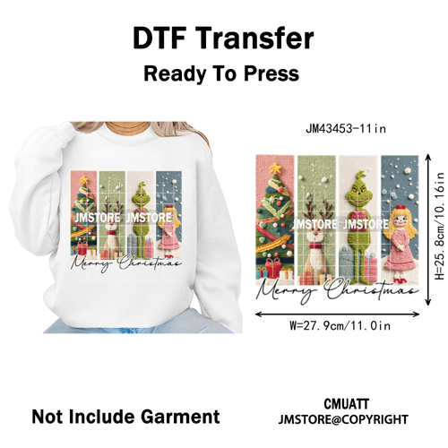 Cute Faux Yarn Merry Christmas Cartoon Green Guy Santa Xmas Iron on Washable DTF Transfers Stickers Ready to Press for Hoodies