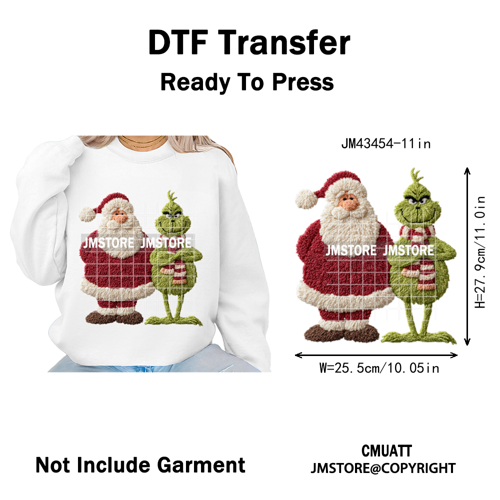 Cute Faux Yarn Merry Christmas Cartoon Green Guy Santa Xmas Iron on Washable DTF Transfers Stickers Ready to Press for Hoodies