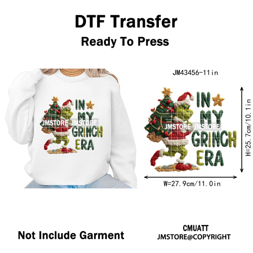 Cute Faux Yarn Merry Christmas Cartoon Green Guy Santa Xmas Iron on Washable DTF Transfers Stickers Ready to Press for Hoodies