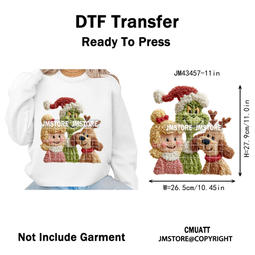 Cute Faux Yarn Merry Christmas Cartoon Green Guy Santa Xmas Iron on Washable DTF Transfers Stickers Ready to Press for Hoodies