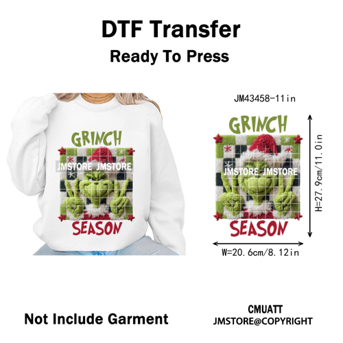 Cute Faux Yarn Merry Christmas Cartoon Green Guy Santa Xmas Iron on Washable DTF Transfers Stickers Ready to Press for Hoodies