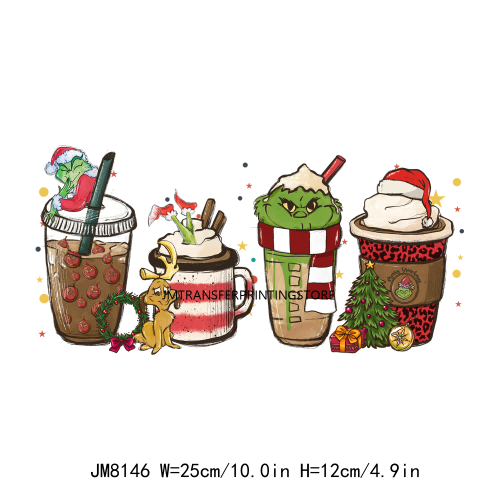 Custom Cute Cartoon Christmas Coffee Cup Drink DTF Heat Transfers Printing Ready To Press For Clothes