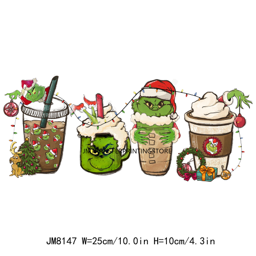 Custom Cute Cartoon Christmas Coffee Cup Drink DTF Heat Transfers Printing Ready To Press For Clothes