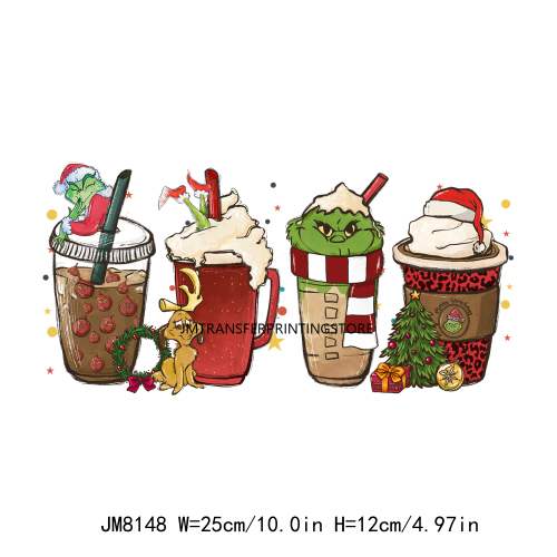 Custom Cute Cartoon Christmas Coffee Cup Drink DTF Heat Transfers Printing Ready To Press For Clothes