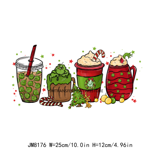 Custom Cute Cartoon Christmas Coffee Cup Drink DTF Heat Transfers Printing Ready To Press For Clothes