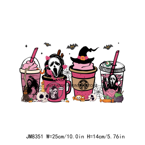 Iron On Spooky Cartoon Animal Girls Coffee Cup Thermal DTF Transfers Stickers Ready To Press For T-shirts