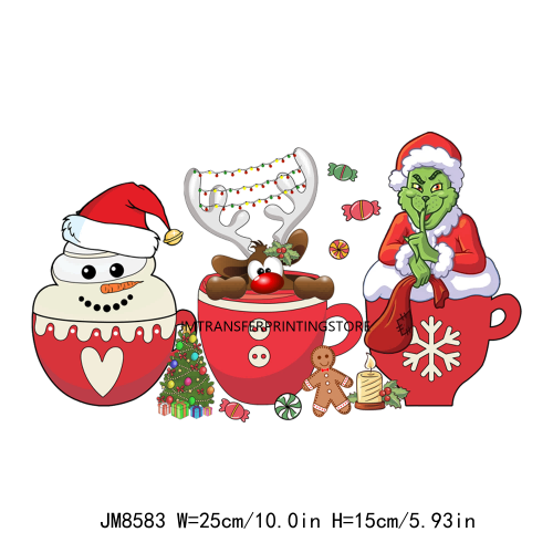 Custom Cute Cartoon Christmas Coffee Cup Drink DTF Heat Transfers Printing Ready To Press For Clothes