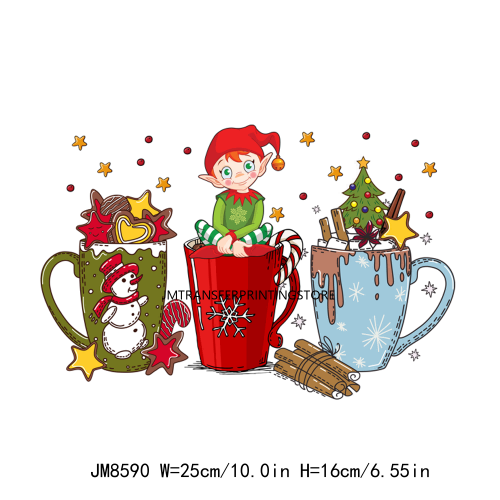 Custom Cute Cartoon Christmas Coffee Cup Drink DTF Heat Transfers Printing Ready To Press For Clothes