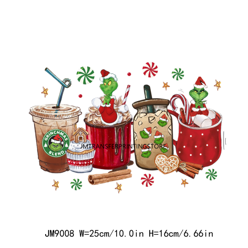 Custom Cute Cartoon Christmas Coffee Cup Drink DTF Heat Transfers Printing Ready To Press For Clothes