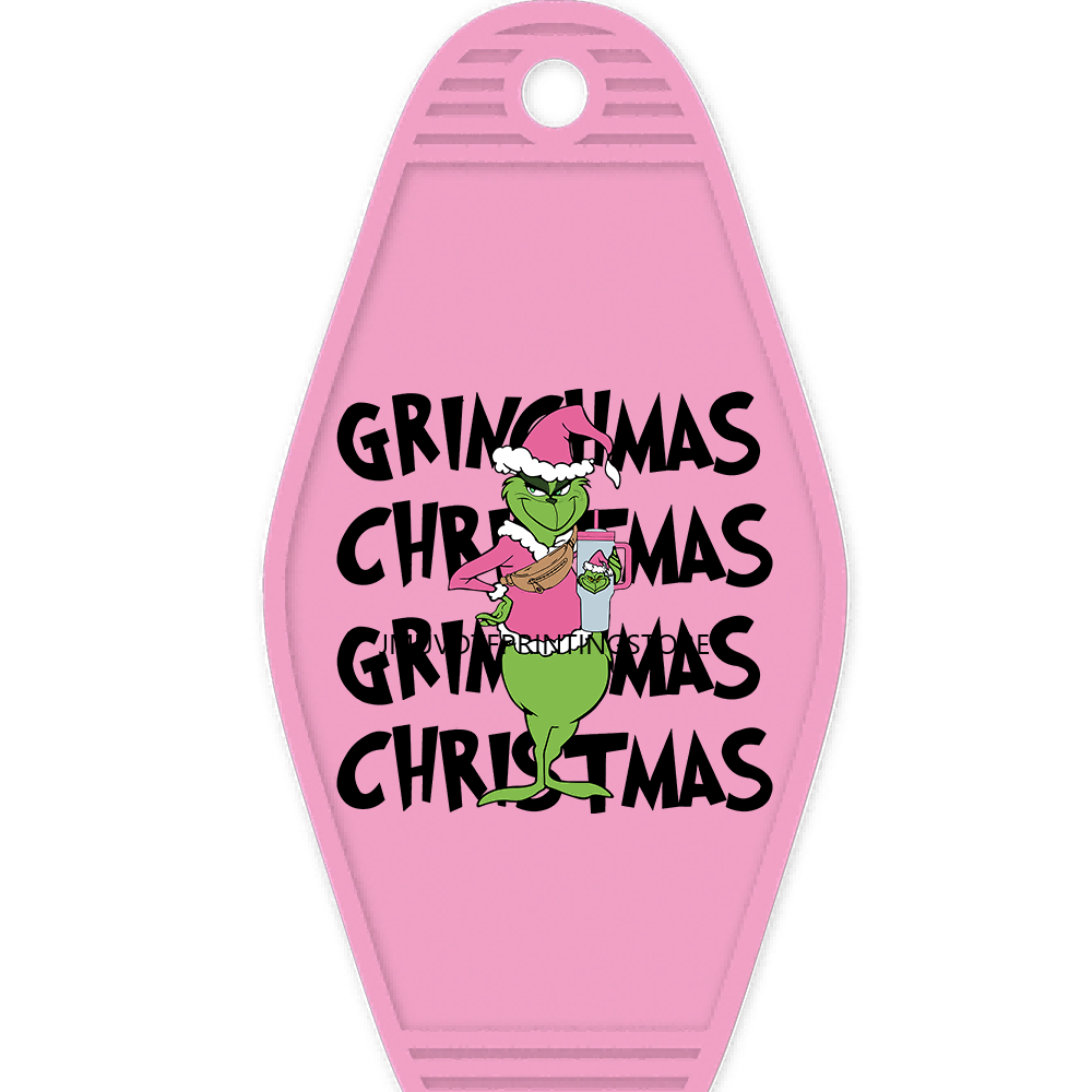 Faux Sequin Christmas Grinch With Coffee High Quality WaterProof UV DTF Sticker For Motel Hotel Keychain Cartoon Characters