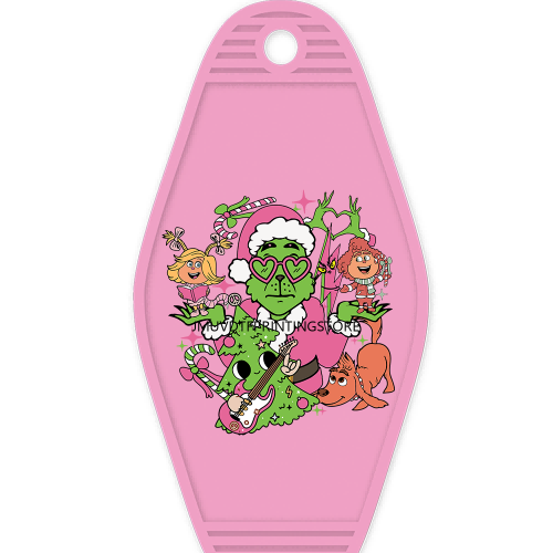 Faux Sequin Christmas Grinch With Coffee High Quality WaterProof UV DTF Sticker For Motel Hotel Keychain Cartoon Characters