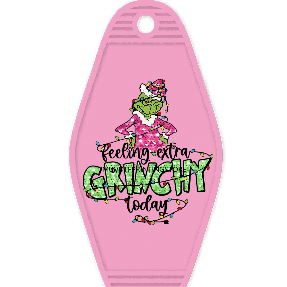 Faux Sequin Christmas Grinch With Coffee High Quality WaterProof UV DTF Sticker For Motel Hotel Keychain Cartoon Characters