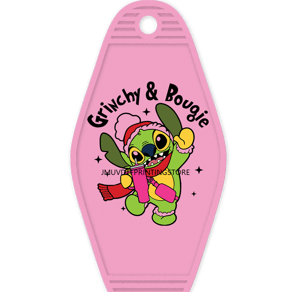 Faux Sequin Christmas Grinch With Coffee High Quality WaterProof UV DTF Sticker For Motel Hotel Keychain Cartoon Characters