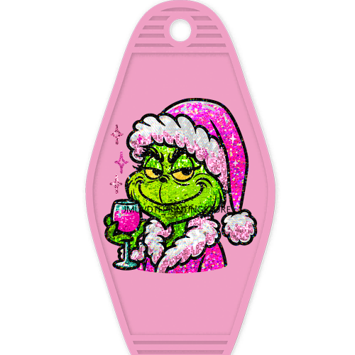 Faux Sequin Christmas Grinch With Coffee High Quality WaterProof UV DTF Sticker For Motel Hotel Keychain Cartoon Characters