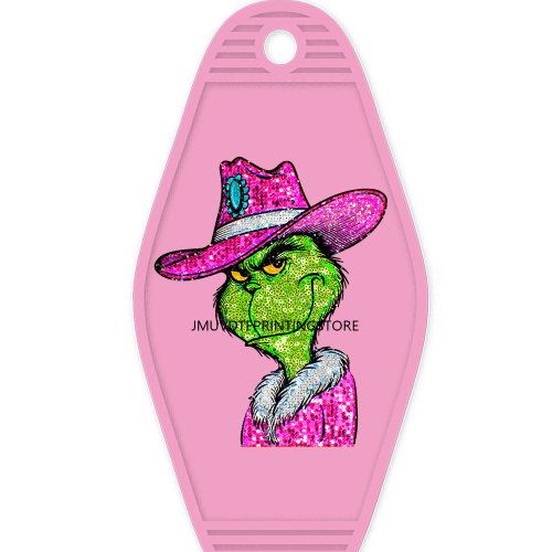 Faux Sequin Christmas Grinch With Coffee High Quality WaterProof UV DTF Sticker For Motel Hotel Keychain Cartoon Characters