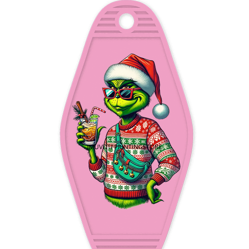 Faux Sequin Christmas Grinch With Coffee High Quality WaterProof UV DTF Sticker For Motel Hotel Keychain Cartoon Characters