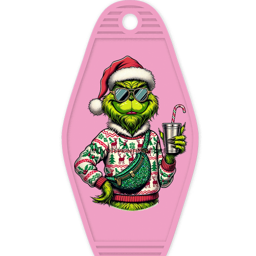 Faux Sequin Christmas Grinch With Coffee High Quality WaterProof UV DTF Sticker For Motel Hotel Keychain Cartoon Characters