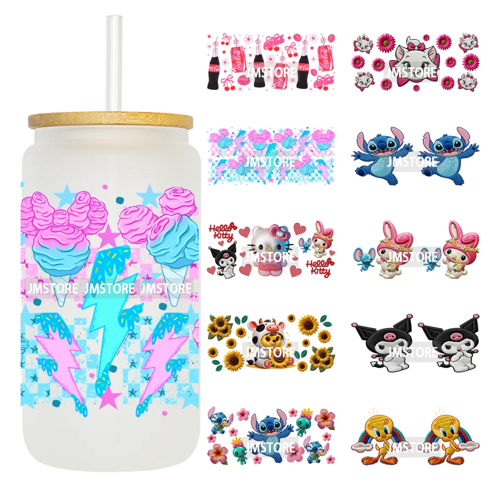 Faux Embroidery Floral Cartoon Characters UV DTF Stickers Ready To Apply Cup Wraps Waterproof For 16OZ Libbey Glass Can Tumbler