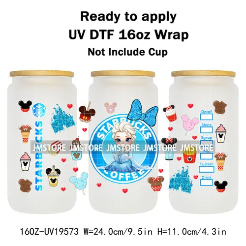 Faux Glitter Coffee Cartoon Princess Girly 16OZ UV DTF Cup Wraps Ready To Apply Waterproof Transfer Sticker For Libbey Glass Can