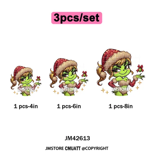Faux Glitter Cartoon Christmas Movie Green Santa Kid Girly Xmas Iron on DTF Washable Transfer Sticker Ready to Press for Textile