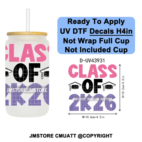 Girly University Graduation 2026 UV DTF Decals Ready To Apply Waterproof Transfer Stickers DIY Crafts For 16OZ Libbey Glass Can