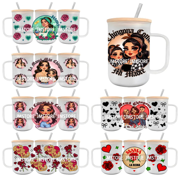 Chingona Chicano Mom UV DTF Glass Can Wrap For 15OZ Mug Coffee Cup Transfer Stickers DIY Custom Logo Labels Chibi Latina Mama