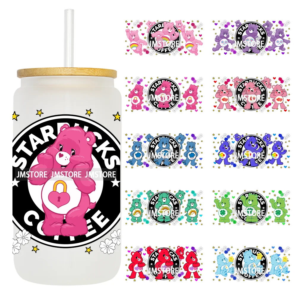Cheerful Floral Hearts Cartoon Bears Clipart UV DTF Transfer Stickers Cup Tumbler Wrap For 16OZ Libbey Glass Bottle Cup Wraps