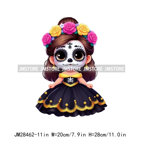 New Day Of The Dead La Catrina Dresses Girls Skull Flower Iron On DTF Transfers Stickers Ready To Press For Sweatshirt Bags