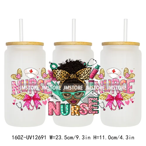 Nurse Life Quotes Coquette Heart Stethoscope Bow 16OZ UV Cup Wrap DTF Transfer Stickers Logo For Libbey Glass Can Cups Tumbler