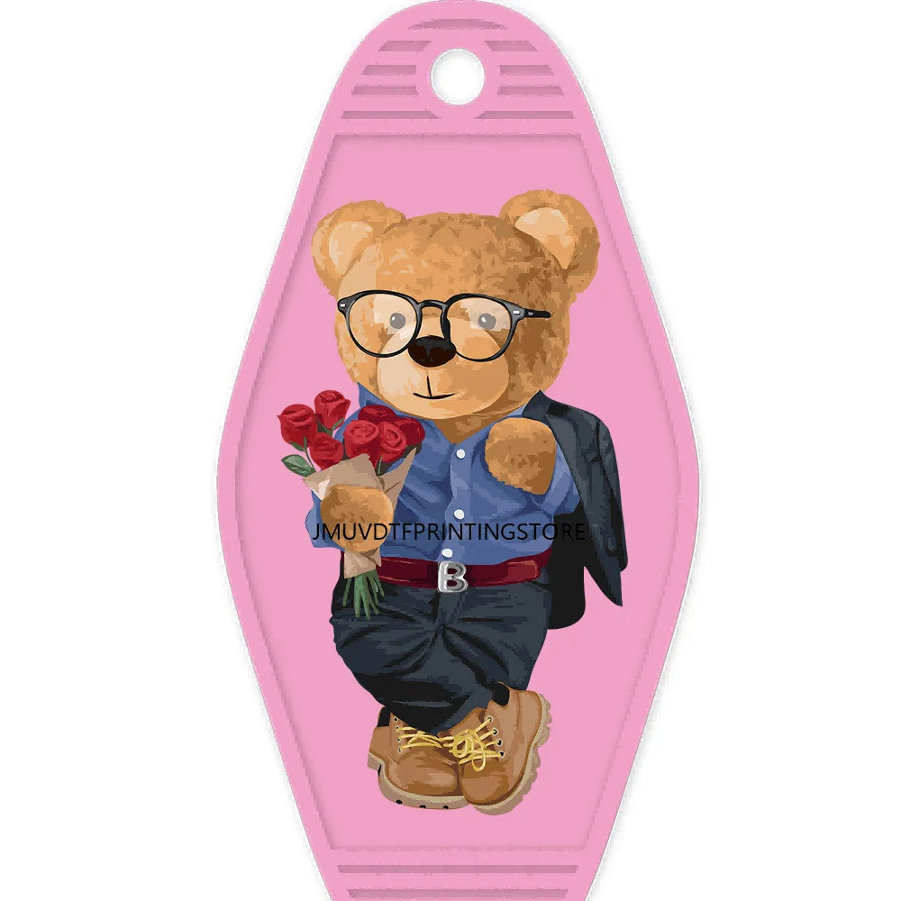 Cute Pink Teddy Bear Girl High Quality WaterProof UV DTF Sticker For Motel Hotel Keychain Brown Bears Baseball