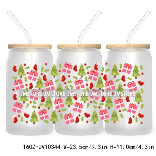 Retro Christmas Santa Claus 16OZ UV Cup Wrap DTF Transfer Stickers For Libbey Glass Can Cups Tumbler Cookie Gingerbread Dog Mom