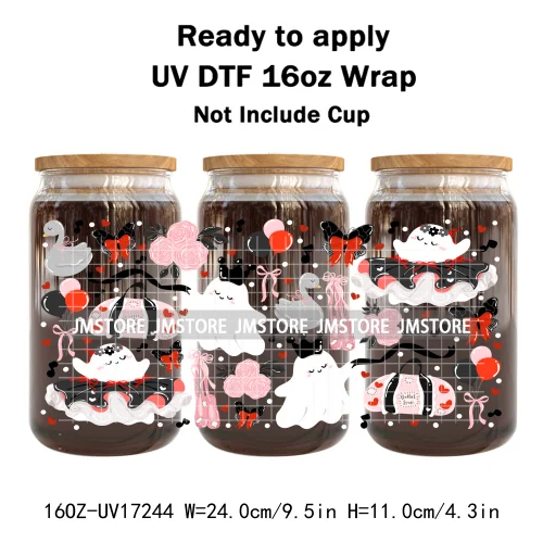 Floral Ghost Coquette Halloween Cherry Lip 16OZ UV DTF Cup Wraps Ready To Apply Waterproof Transfer Sticker For Libbey Glass Can