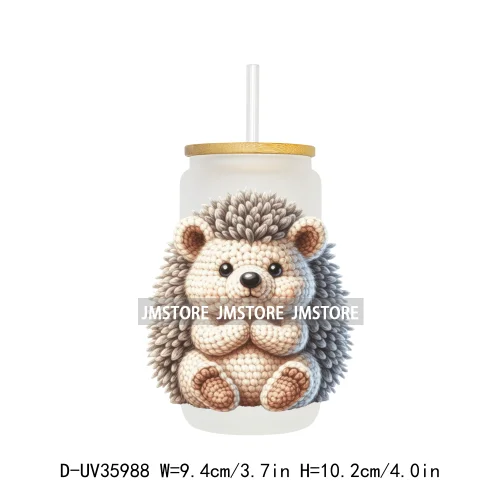 Watercolor Knitted Cute Animals UV DTF Transfer Stickers Decals Ready To Apply Waterproof For 16OZ Libbey Glass Can Cups Tumbler
