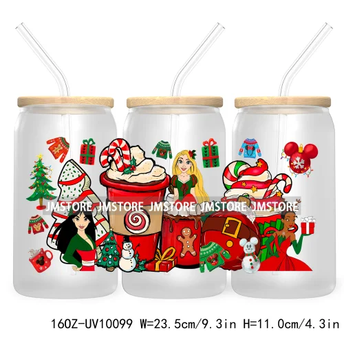 Mouse Christmas Cartoon Friends 16OZ UV DTF Cup Wrap Transfer Stickers Princess Custom Labels Waterproof For Libbey Glass Can