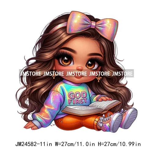 God First Chibi Cute Brown Hair Latina Dolls Baby Girls Coquette Bow Iron On DTF Transfer Stickers Ready To Press For Hoodies