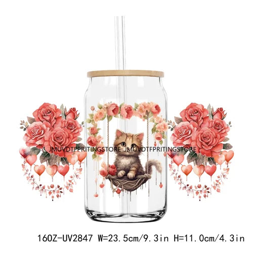 Valentines Teddy Bear With Red Roses UV DTF Sticker For 16OZ Libbey Glass Cup Can Wrap Transfer Sticker Custom Labels DIY Logo