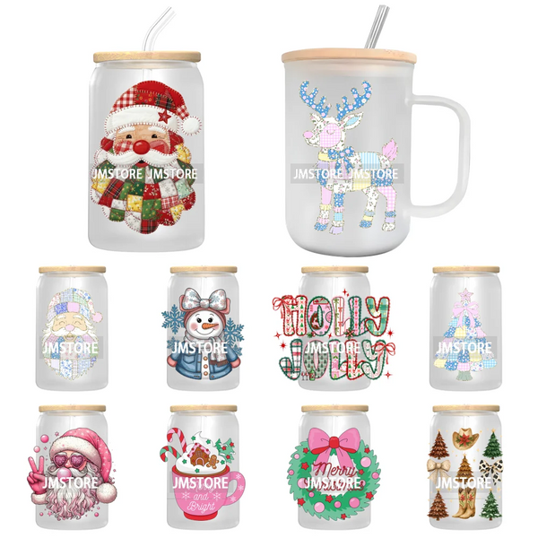 Christmas Santa Claus Patchwork UV DTF Decals Ready To Apply Waterproof Transfer Stickers DIY Crafts For 16OZ Libbey Glass Can