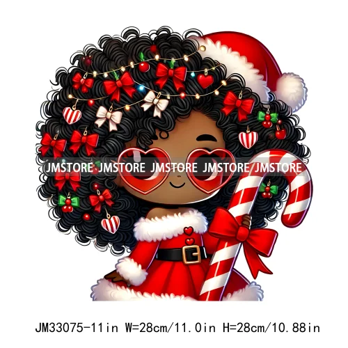 Chibi Candy Santa Girl African American Characters Merry Christmas Gift Iron On DTF Transfer Stickers Ready To Press For Clothes